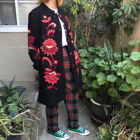 Vintage Jackets & Blazers - New vintage black cotton coat with bright red embroidery